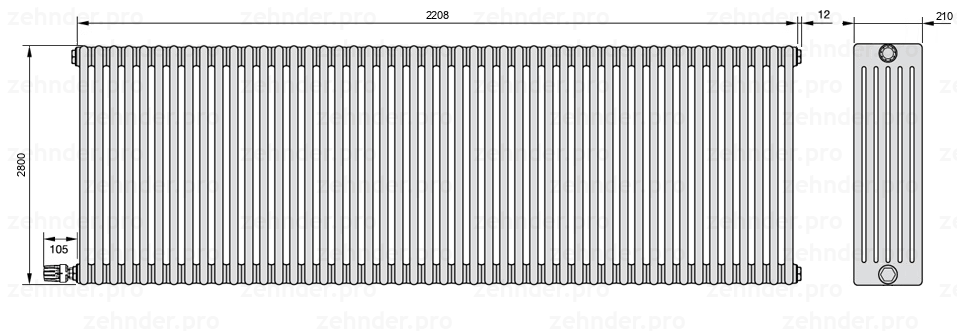 Схема (чертеж) Радиатор Zehnder Charleston 6280/48 №V004 Белый глянцевый RAL 9016